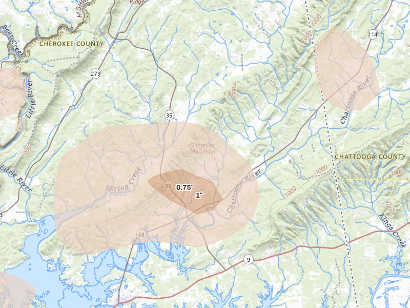 Radar-estimated hail-size map of the storm over Gaylesville, AL on Aug 20, 2026