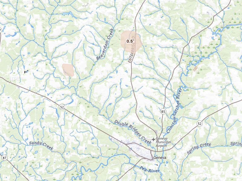 Radar-estimated hail-size map of the storm over Geneva, AL on May 7, 2026