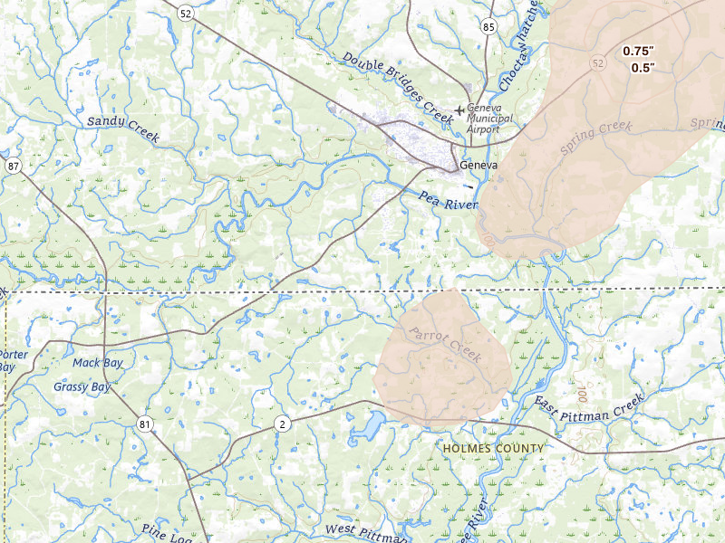 Radar-estimated hail-size map of the storm over Geneva, AL on Aug 12, 2026