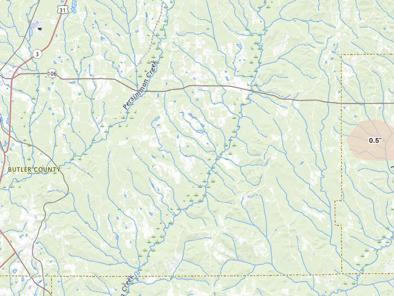 Radar-estimated hail-size map of the storm over Georgiana, AL on May 6, 2026