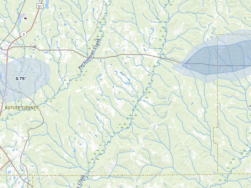 NEXRAD radar-signature map of the hail storm over Georgiana, AL on May 6, 2026