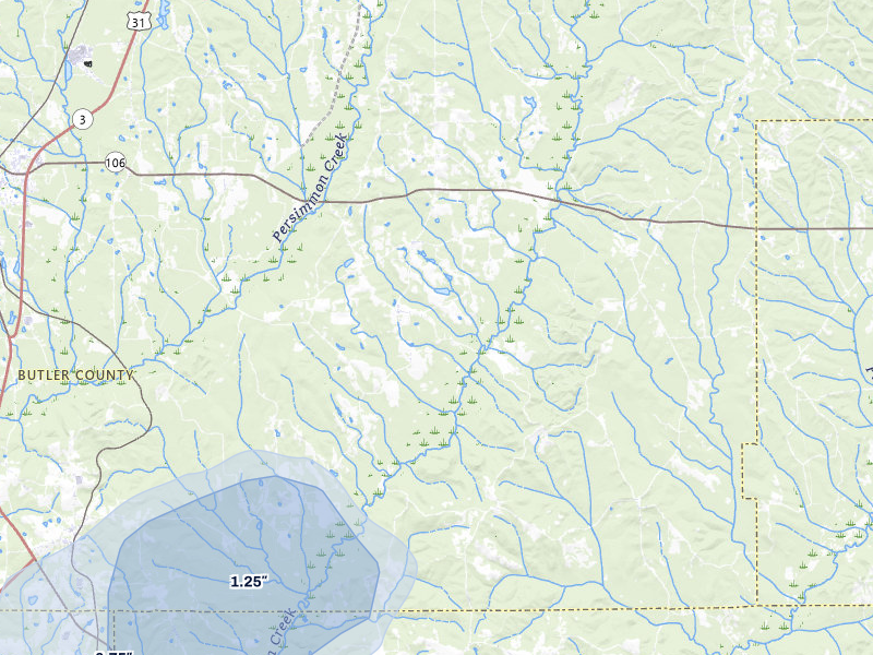 NEXRAD radar-signature map of the hail storm over Georgiana, AL on Jun 30, 2026