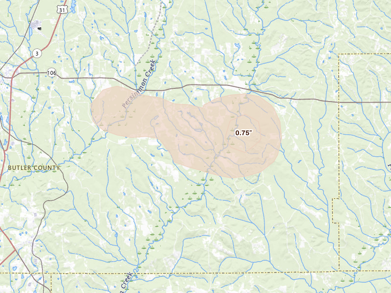 Radar-estimated hail-size map of the storm over Georgiana, AL on Jul 5, 2026