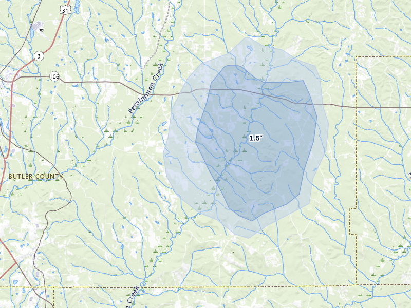 NEXRAD radar-signature map of the hail storm over Georgiana, AL on Jul 5, 2026