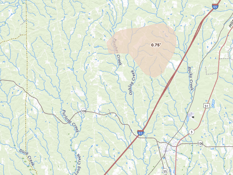 Radar-estimated hail-size map of the storm over Georgiana, AL on Aug 15, 2026