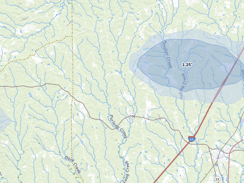 NEXRAD radar-signature map of the hail storm over Georgiana, AL on Aug 15, 2026