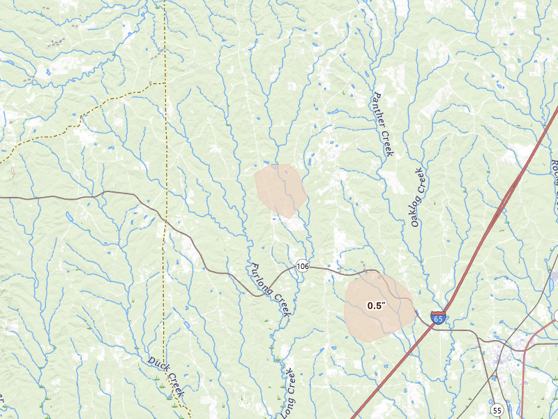 Radar-estimated hail-size map of the storm over Georgiana, AL on Aug 18, 2026