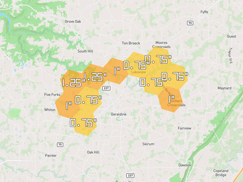 Hail map of Geraldine, AL on Jul 3, 2026, hail up to 1.25"