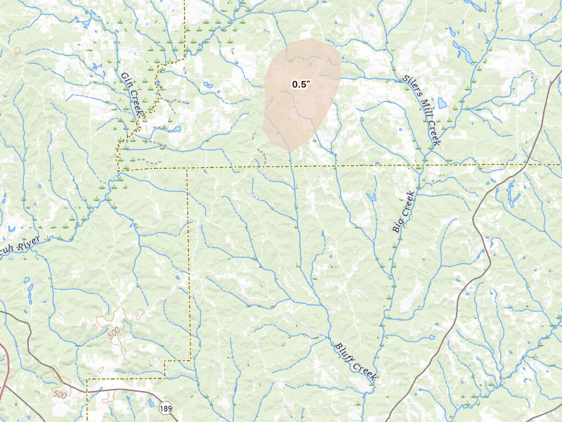 Radar-estimated hail-size map of the storm over Glenwood, AL on Mar 6, 2026