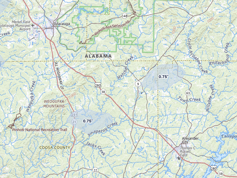 NEXRAD radar-signature map of the hail over Goodwater, AL