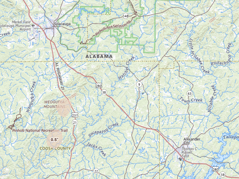 Radar-estimated hail-size map of the storm over Goodwater, AL on May 20, 2026