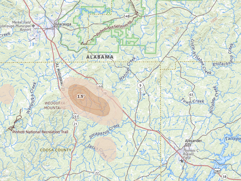 Radar-estimated hail-size map of the storm over Goodwater, AL on Jun 1, 2026