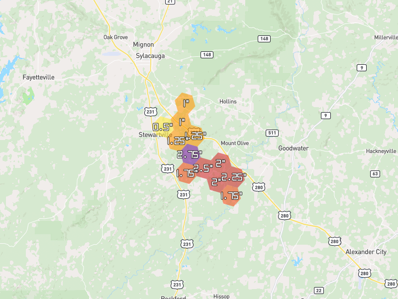 Hail map of Goodwater, AL on Jun 1, 2026, hail up to 2.75"