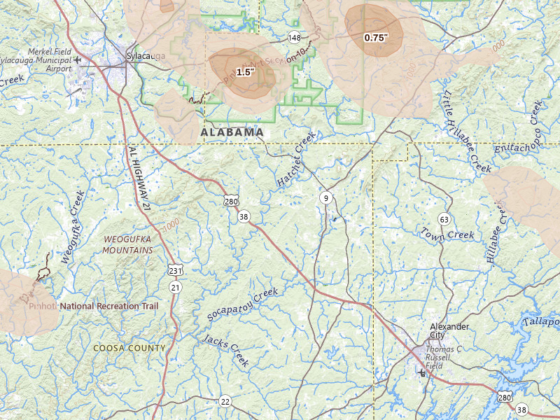 Radar-estimated hail-size map of the storm over Goodwater, AL on Jul 1, 2026