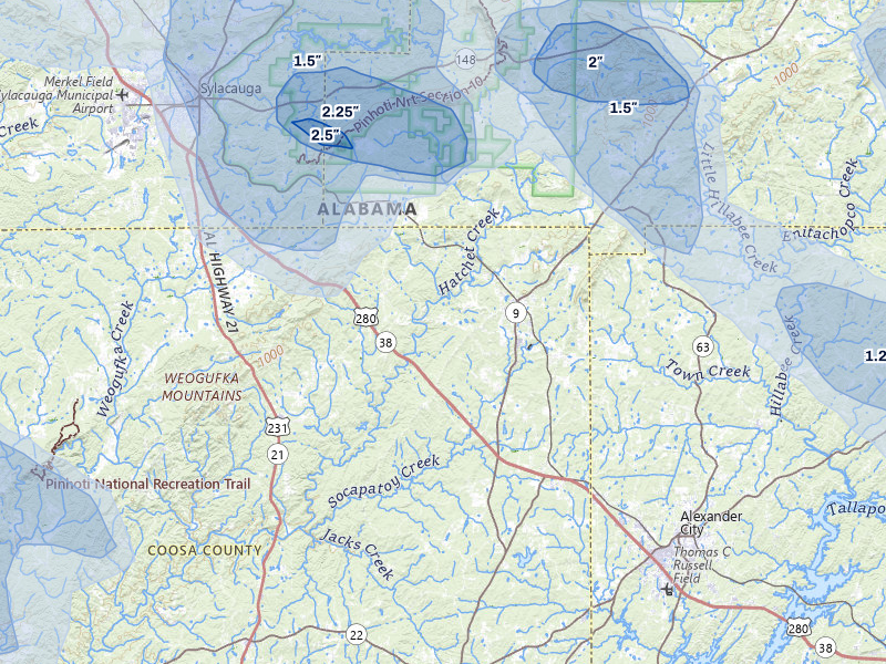 NEXRAD radar-signature map of the hail storm over Goodwater, AL on Jul 1, 2026