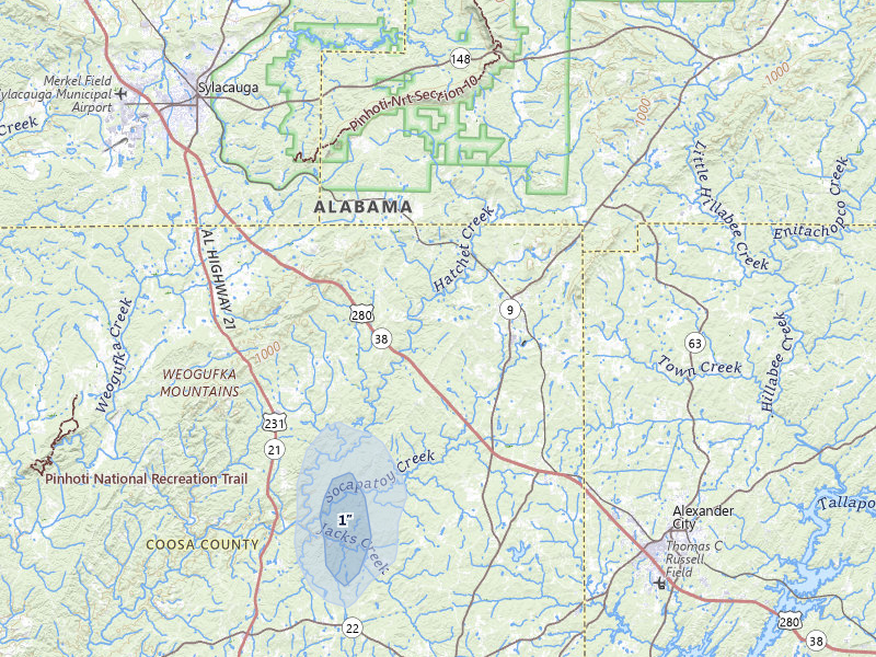 NEXRAD radar-signature map of the hail storm over Goodwater, AL on Jul 5, 2026