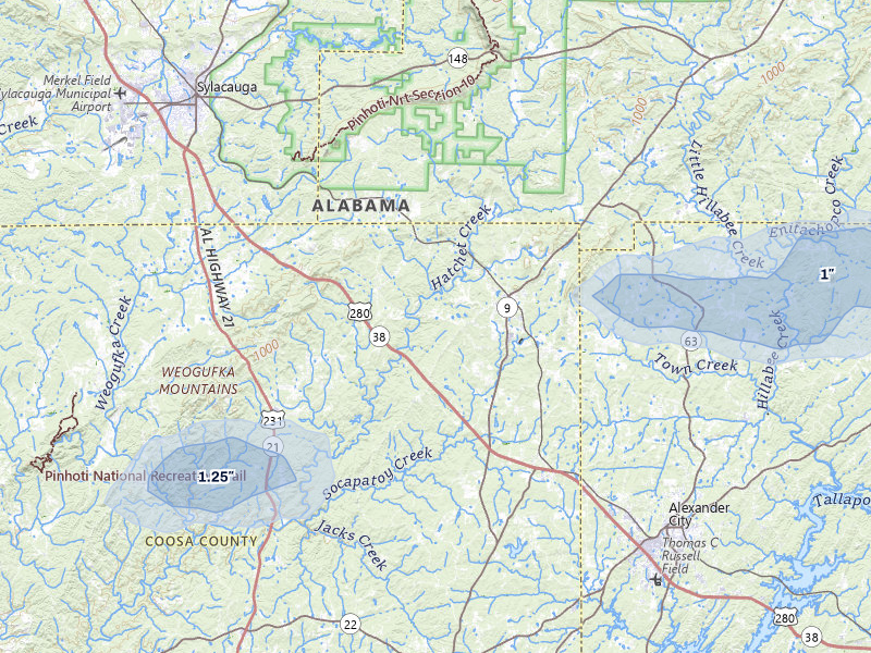 NEXRAD radar-signature map of the hail storm over Goodwater, AL on Jul 9, 2026