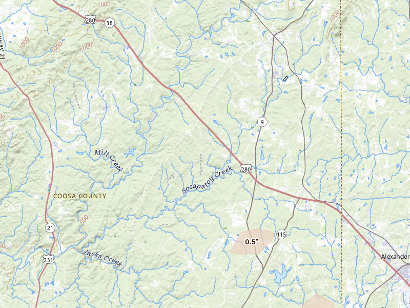 Radar-estimated hail-size map of the storm over Goodwater, AL on Aug 13, 2026