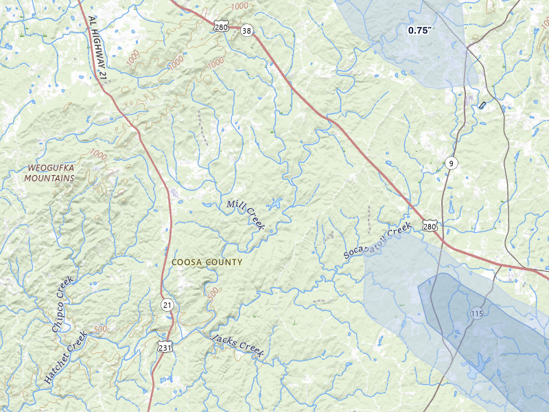 NEXRAD radar-signature map of the hail storm over Goodwater, AL on Aug 13, 2026
