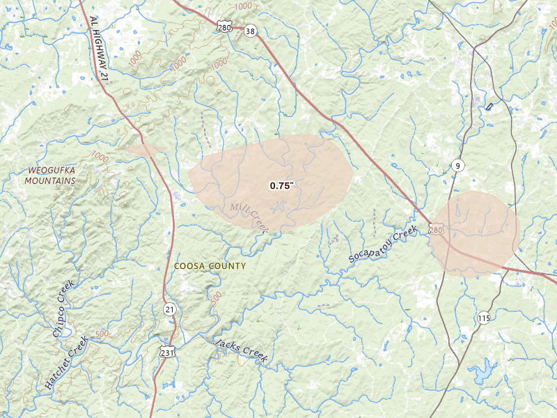 Radar-estimated hail-size map of the storm over Goodwater, AL on Aug 14, 2026
