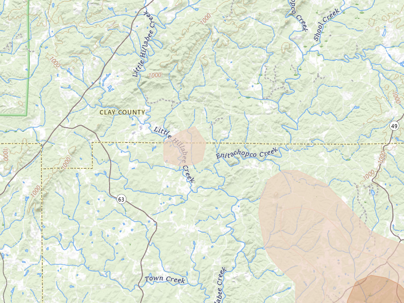 Radar-estimated hail-size map of the storm over Goodwater, AL on Aug 21, 2026