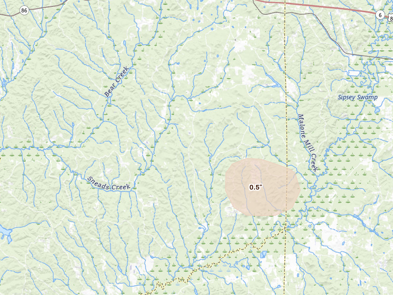 Radar-estimated hail-size map of the storm over Gordo, AL on Jun 1, 2026