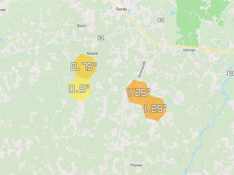 Hail map of Gordo, AL on Jun 1, 2026, hail up to 1.25"