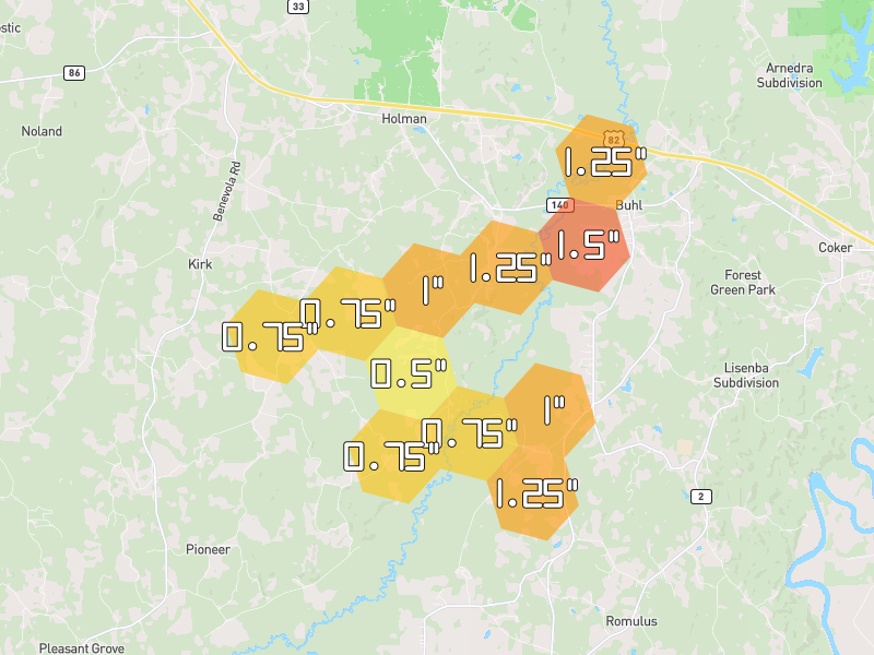 Hail map of Gordo, AL on Jul 1, 2026, hail up to 1.5"