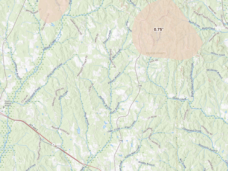 Radar-estimated hail-size map of the storm over Gordo, AL on Jul 9, 2026
