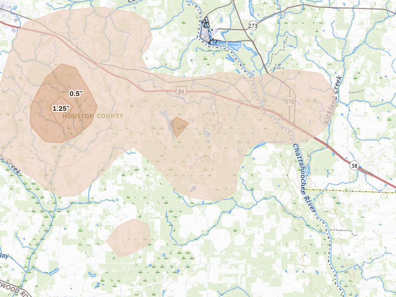 Radar-estimated hail-size map of the storm over Gordon, AL on Aug 12, 2026