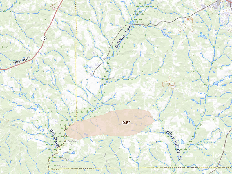 Radar-estimated hail-size map of the storm over Goshen, AL on Feb 21, 2026