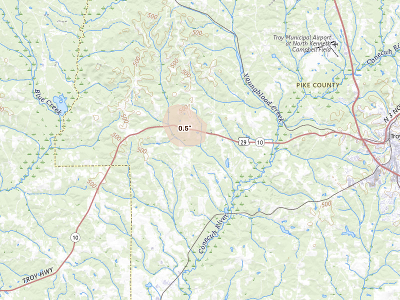 Radar-estimated hail-size map of the storm over Goshen, AL on Aug 15, 2026