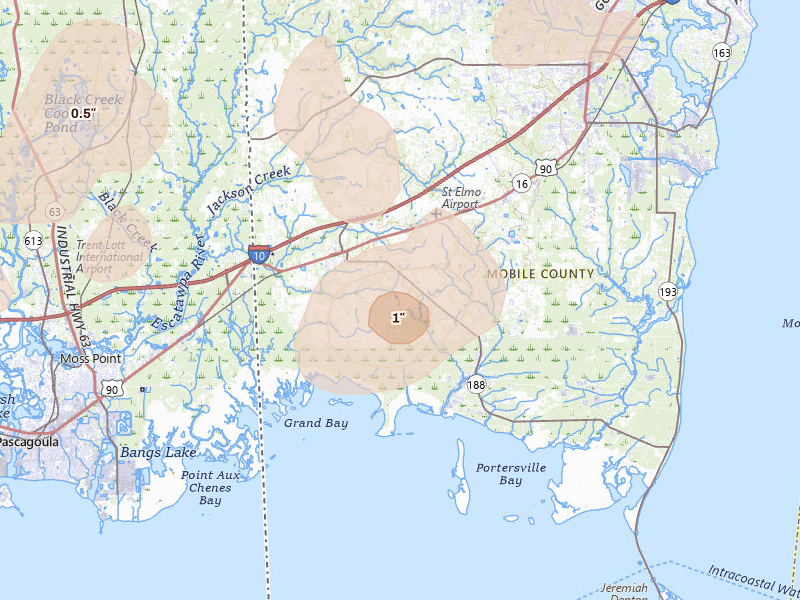 Radar-estimated hail-size map of the storm over Grand Bay, AL on Jun 30, 2026