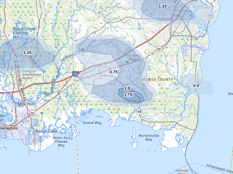 NEXRAD radar-signature map of the hail storm over Grand Bay, AL on Jun 30, 2026