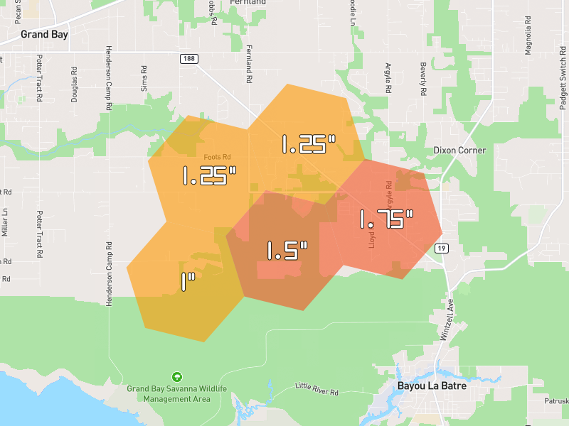 Hail map of Grand Bay, AL on Jun 30, 2026, hail up to 1.75"