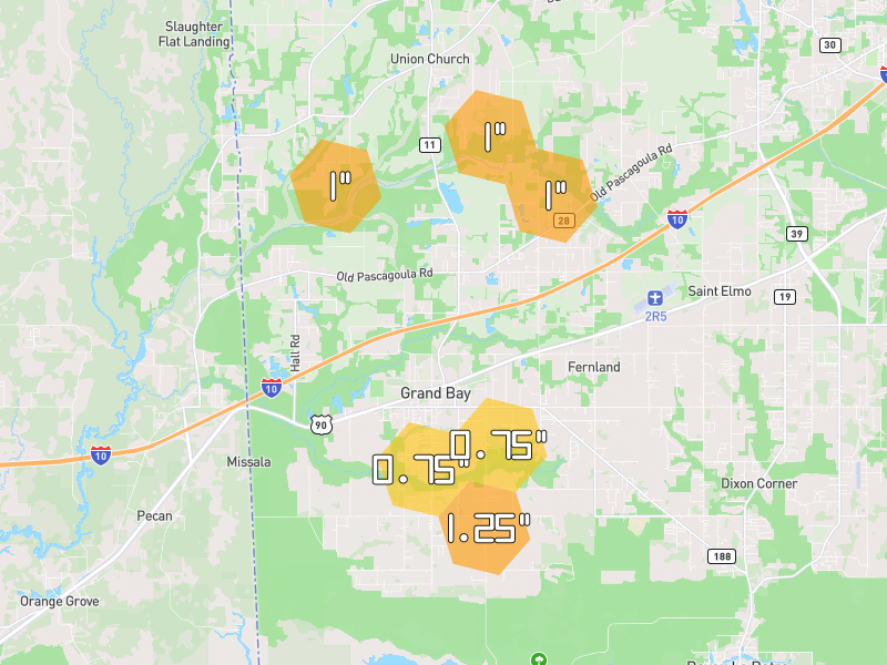 Hail map of Grand Bay, AL on Jul 1, 2026, hail up to 1.25"