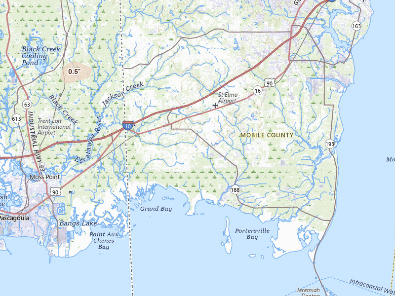 Radar-estimated hail-size map of the storm over Grand Bay, AL on Jul 6, 2026