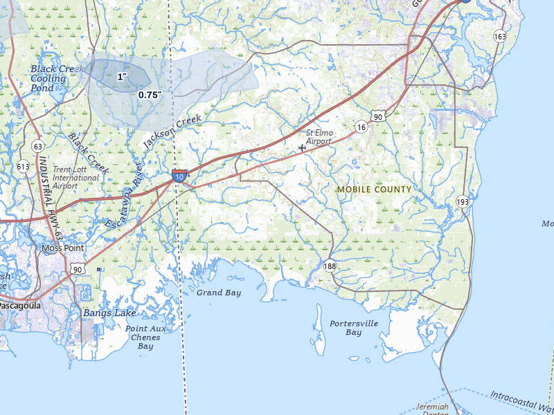 NEXRAD radar-signature map of the hail storm over Grand Bay, AL on Jul 6, 2026