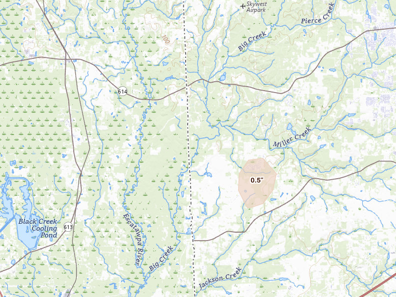 Radar-estimated hail-size map of the storm over Grand Bay, AL on Aug 16, 2026