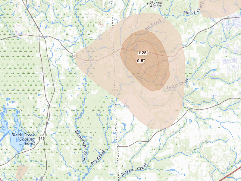 Radar-estimated hail-size map of the storm over Grand Bay, AL on Aug 26, 2026