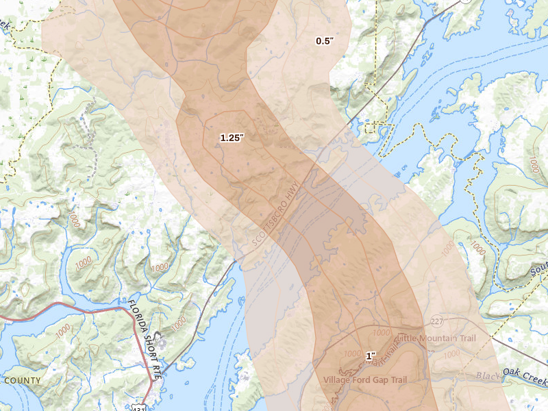 Radar-estimated hail-size map of the storm over Grant, AL on Jun 1, 2026