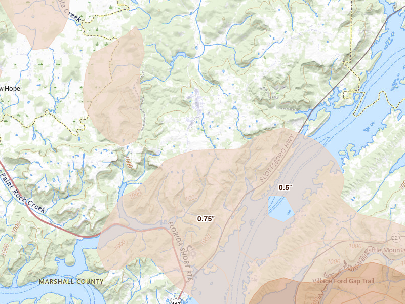Radar-estimated hail-size map of the storm over Grant, AL on Aug 20, 2026