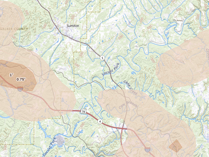 Radar-estimated hail-size map of the storm over Graysville, AL on Jul 1, 2026