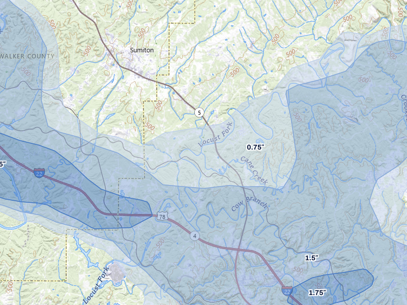 NEXRAD radar-signature map of the hail over Graysville, AL