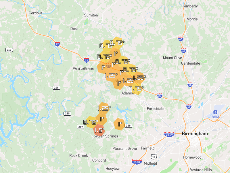 Hail map of Graysville, AL on Jul 1, 2026, hail up to 1.5"