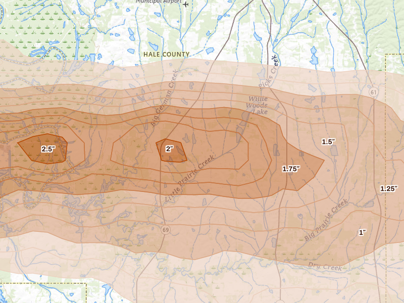 Radar-estimated hail-size map of the storm over Greensboro, AL on May 6, 2026