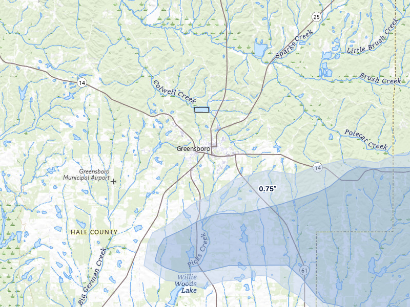 NEXRAD radar-signature map of the hail storm over Greensboro, AL on Aug 1, 2026