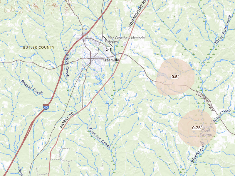 Radar-estimated hail-size map of the storm over Greenville, AL on Jun 9, 2026