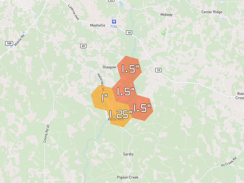 Hail map of Greenville, AL on Jun 9, 2026, hail up to 1.5"