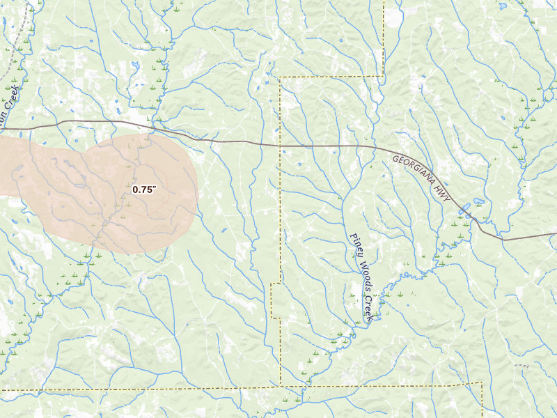 Radar-estimated hail-size map of the storm over Greenville, AL on Jul 5, 2026